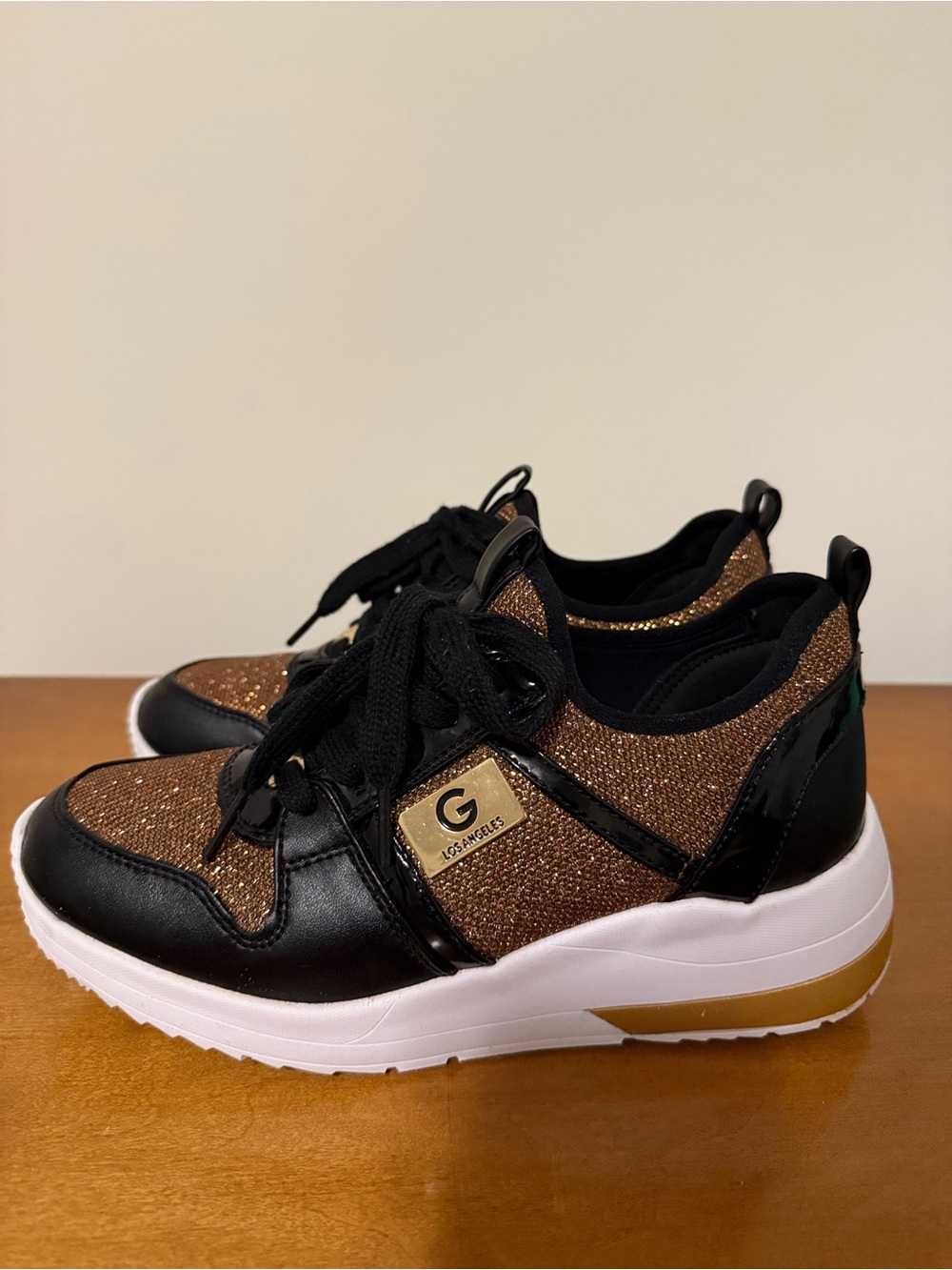 G by Guess Black and Gold Glitter Women’s Platform Sneakers